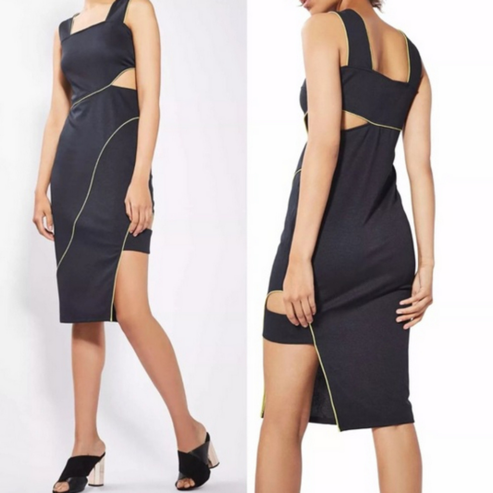 Topshop navy blue yellow piping cutout midi dress size 6 or small